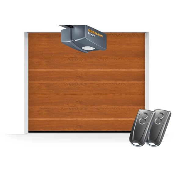 2500 x 2000 mm Hörmann RenoMatic szekcionált garázskapu | Decograin felület | M-bordás mintázat | Decocolor - Golden Oak színben | ProLift 700 automatika